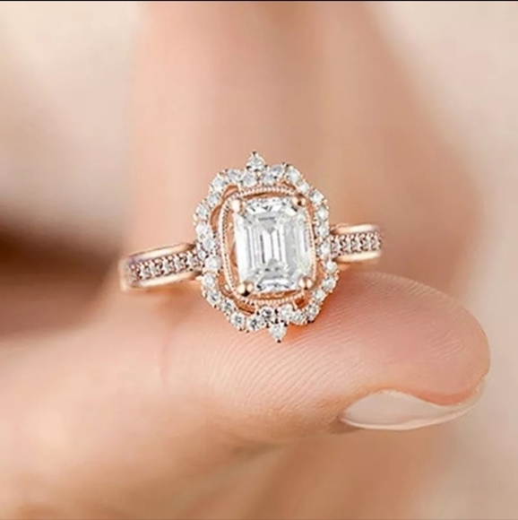 ROSE Gold CZ Stone Diamond Halo Square Ring Vintage - Picture 4 of 7